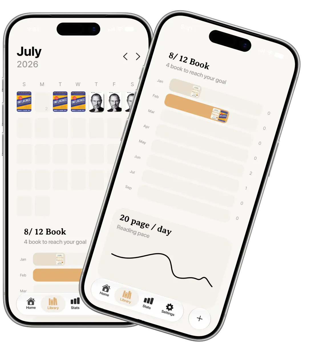 Two iPhones showing a reading calendar and pages-read chart