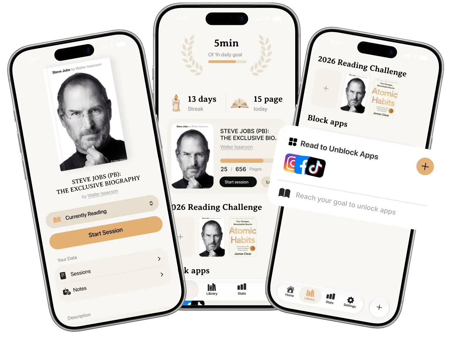 Three iPhones showing Gleamry home, challenge, and stats screens